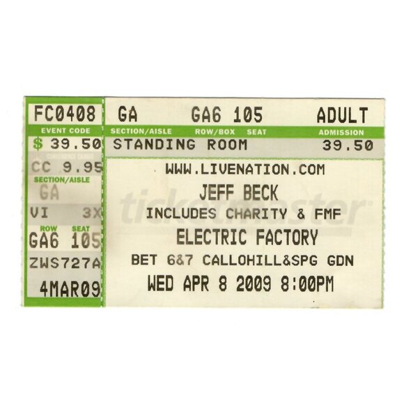 Jeff Beck Concert Ticket Standing Room Electric Factory 2009 Adult - Picture 1 of 2